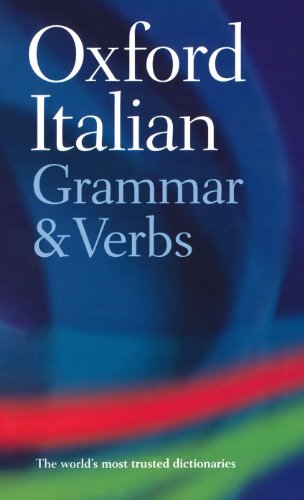 Book cover: "Oxford Italian Grammar and Verbs" with blue and red swirls.