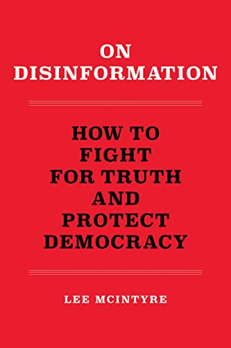 Red book cover with white text: "On Disinformation" by Lee McIntyre.