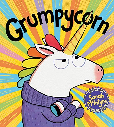 Illustration of a grumpy, rainbow-maned unicorn wearing a purple sweater.