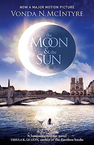 Book cover: crescent moon, river, Notre Dame cathedral, and swimmer.