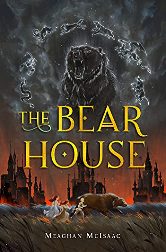 Book cover: a large bear with silhouettes, a castle, and children below.