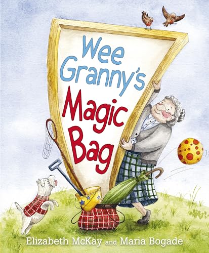 An elderly woman in a tartan skirt holds a large bag containing various items.