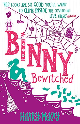Book cover: “Binny Bewitched” with a girl, broom, and whimsical illustrations.