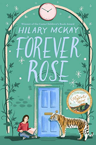 Book cover: girl reading with a tiger, ornate green archway.
