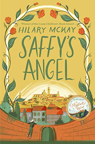 Book cover: “Saffy’s Angel” with floral arch and Italian town scene.