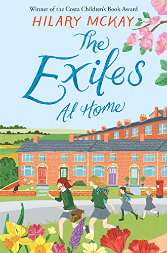 Book cover: girls running past red brick houses with flowers.