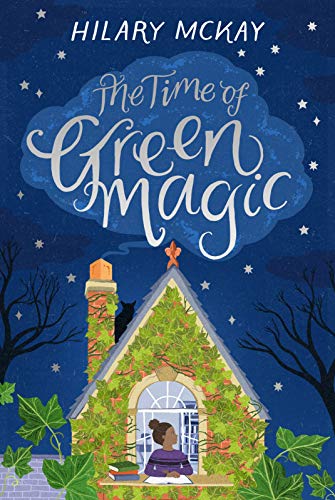 Book cover: illustrated cottage, girl reading, swirling green text, starry night.