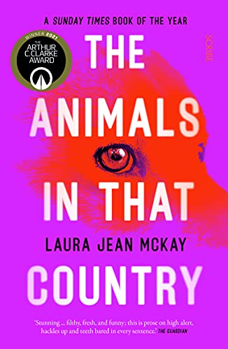 Book cover: "The Animals in That Country" with a red animal eye.