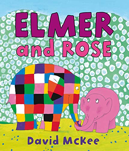 Colorful patchwork elephant and pink baby elephant on a green field.