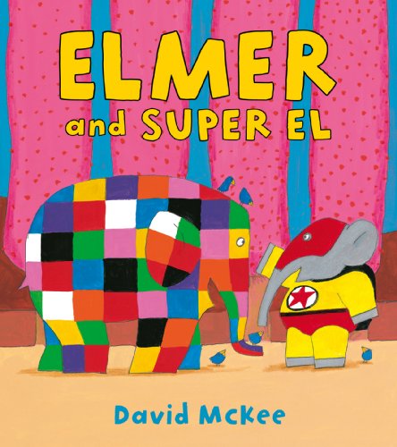 Colorful patchwork elephant and a superhero elephant on book cover.