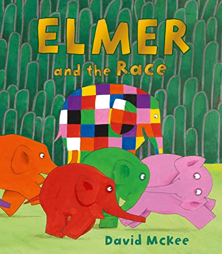 Colorful patchwork elephant leads a race with other elephants.
