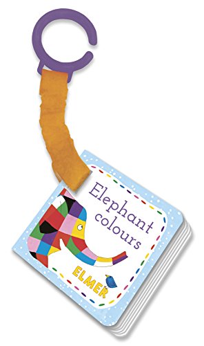 Small, colourful board book with an elephant and a purple teether ring.