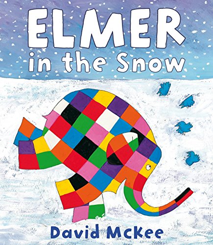 Elmer the patchwork elephant walks through falling snow with small blue birds nearby.
