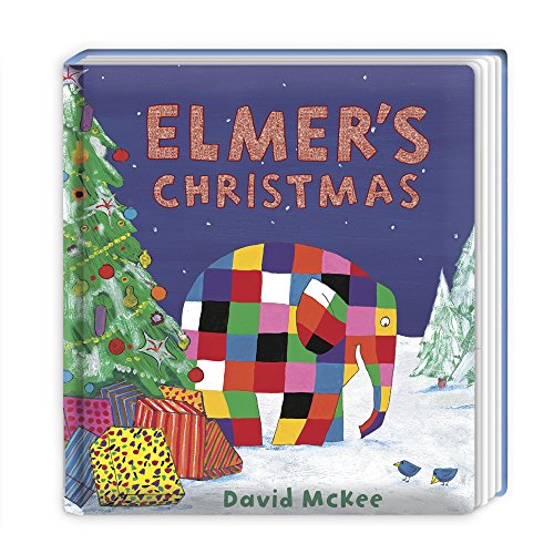 Elmer the patchwork elephant beside a Christmas tree and gifts.