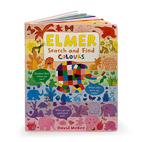 Elmer the patchwork elephant book cover with colourful illustrations.
