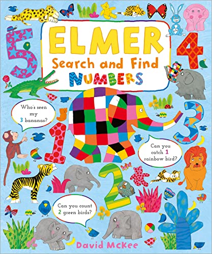 Elmer the patchwork elephant surrounded by colorful numbers, animals, and search-and-find text prompts.