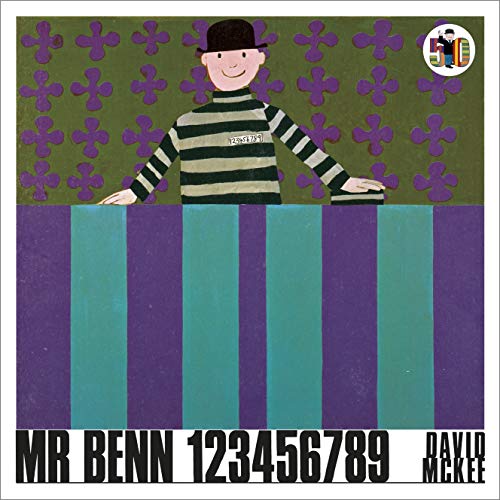 Mr. Benn in striped shirt and bowler hat, standing before purple stripes.