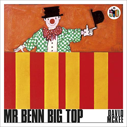 Mr Benn dressed as a clown behind a red and yellow striped circus tent.