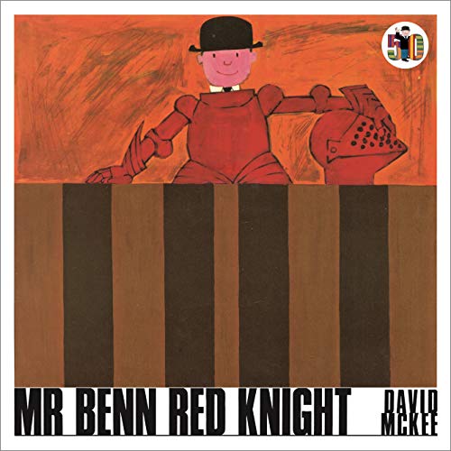 Mr. Benn in a red knight costume stands beside a striped wall.