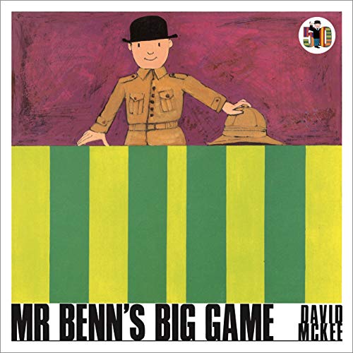 Mr. Benn in safari outfit stands before striped yellow and green background.