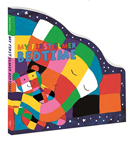 Shaped board book cover featuring colorful patchwork elephant and stars.