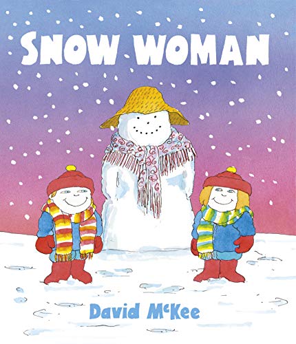 Snow woman with two children in winter clothing, illustrated cover.