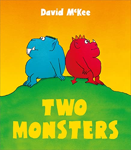 Book cover: blue and red cartoon monsters on a green hill.