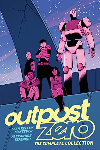 Comic book cover featuring four people and a large robot, purple and blue tones.