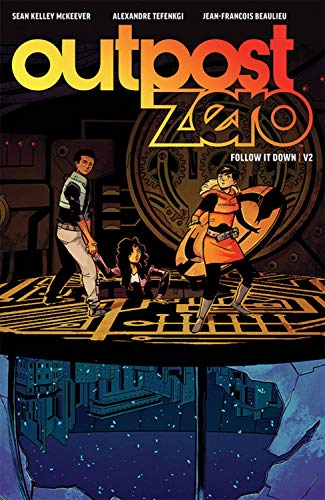 Three characters stand on a glowing platform above a dark, subterranean city.