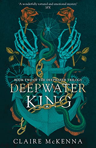 Book cover: skeletal hands, roses, anchor, and gears in teal and gold.