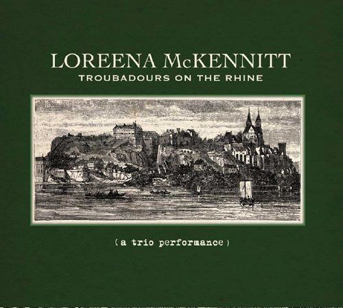 Dark green album cover with white title text and a black-and-white riverside village illustration.
