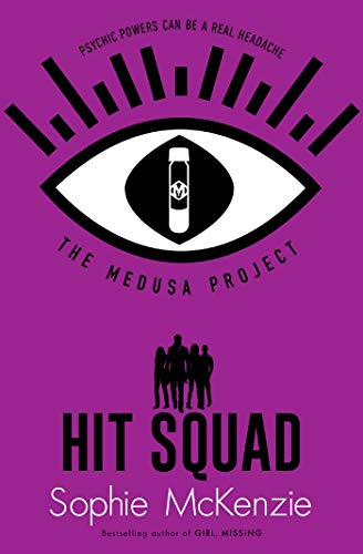 Book cover: purple background, eye graphic, silhouettes, and title "Hit Squad".
