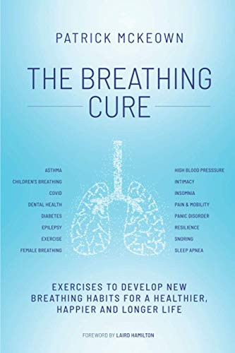 Book cover for The Breathing Cure by Patrick McKeown with a lung illustration.