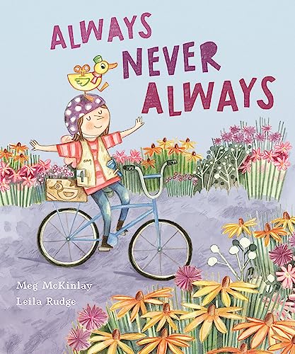 Book cover: child on a blue bicycle with a duck on their head.