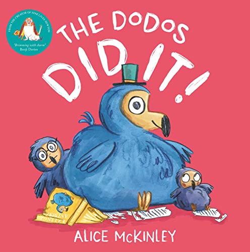 Three blue dodos with glasses and a hat amongst scattered papers.