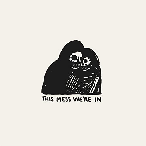 Black and white line art of two skeletons embracing with text underneath.
