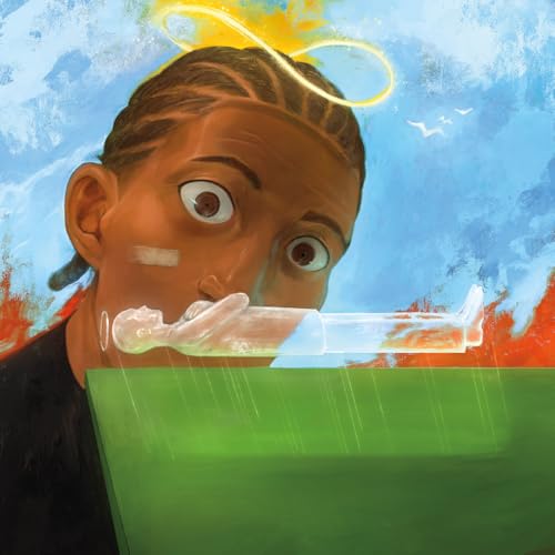 A painting of a person with a halo holding a small, translucent figure.
