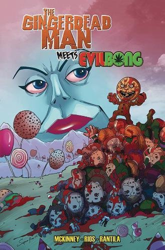 Comic book cover featuring a gingerbread man and a large female face.