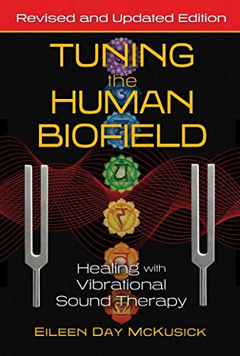 Book cover featuring two tuning forks, seven chakra symbols, and red sound wave lines.