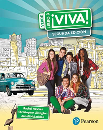 Spanish textbook cover with group of students and vintage car illustration.