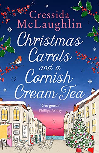 Book cover with festive illustration of a Cornish coastal town and robin.