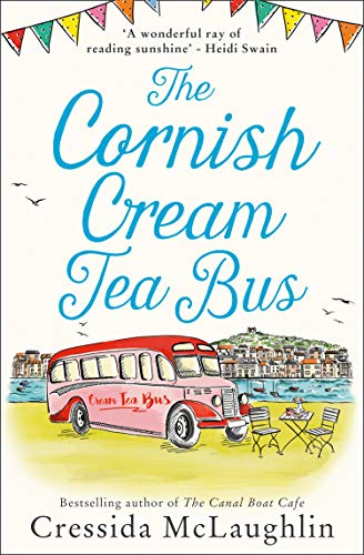 Book cover: pink vintage bus with coastal town background.