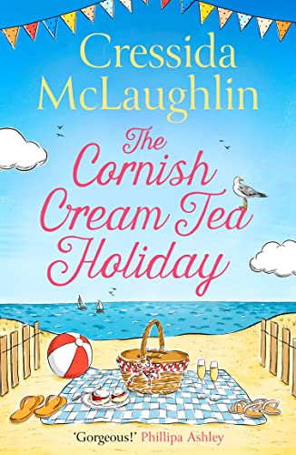 Book cover with beach scene, picnic, and title "The Cornish Cream Tea Holiday".