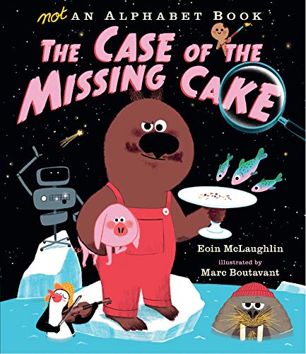 Brown bear investigates a missing cake with a penguin and walrus.