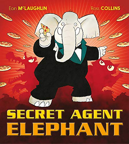 Elephant in a suit holding pizza, with flying pizzas and robots.