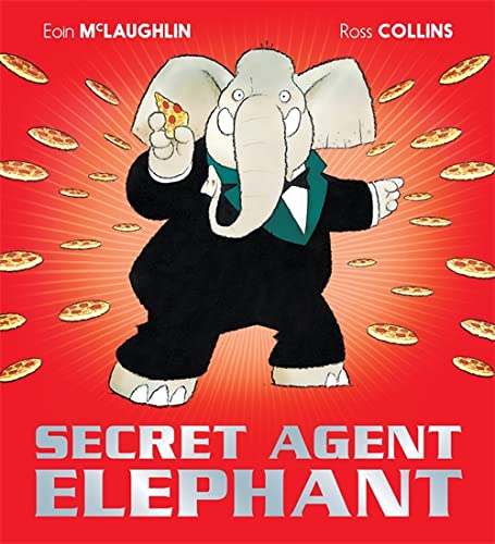 Cartoon elephant in a suit holding pizza, with pizza slices falling around.