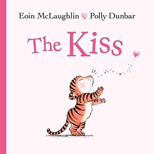 Book cover titled The Kiss featuring a small orange striped tiger blowing a kiss.