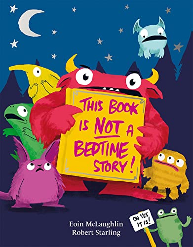 Colorful illustrated book cover with cartoon monsters and a crescent moon.