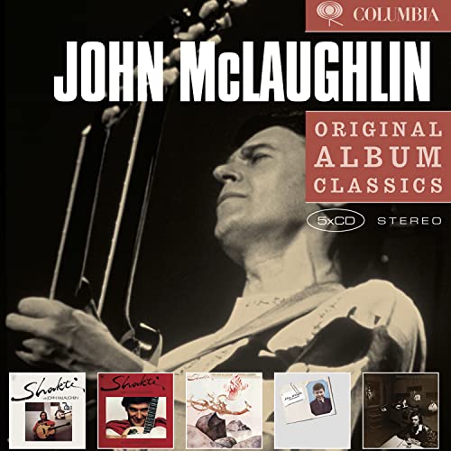 Black and white photo of man with guitar, album covers below, text on top.