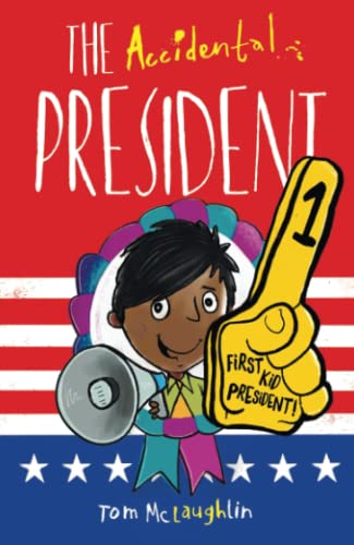 Book cover featuring a boy with a megaphone and a foam finger on red background.